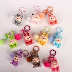 10PCs Fuzzy Labubu Keychains with Pom-pom. Cute Monster Bunny Keychain Charms